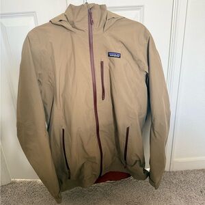 Patagonia Tan Hooded Rain Jacket with Maroon Trim